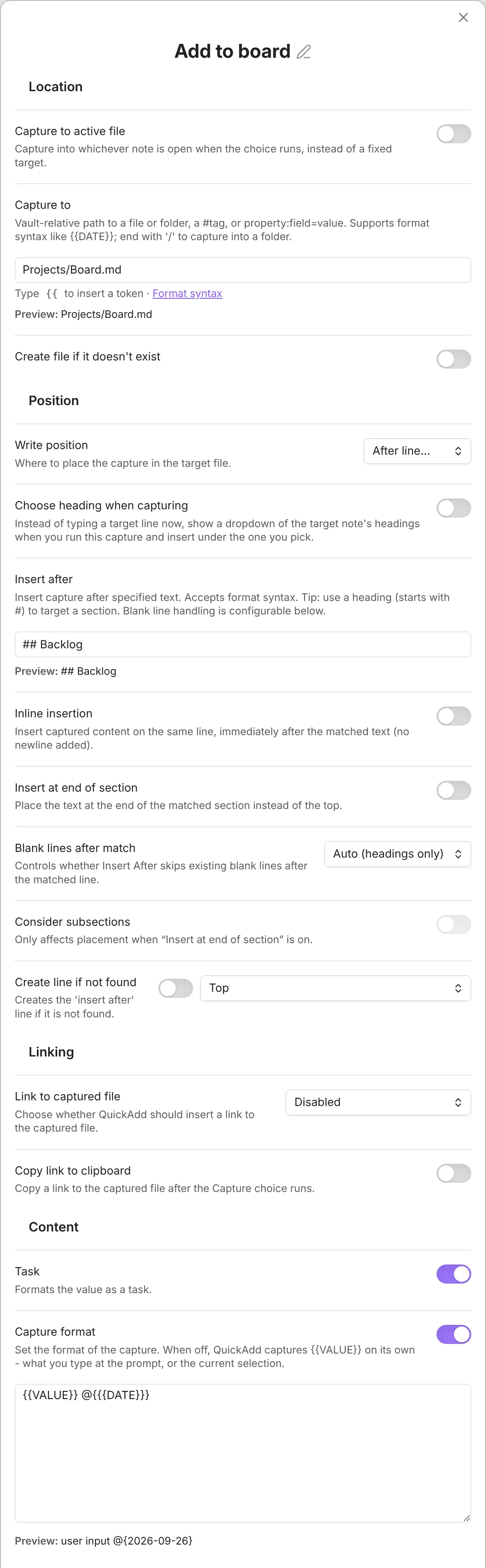 A Capture choice that adds a task to a board
