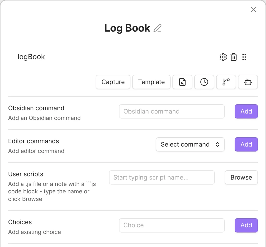 The Macro builder for the Log Book macro, with the logBook user script as its only command