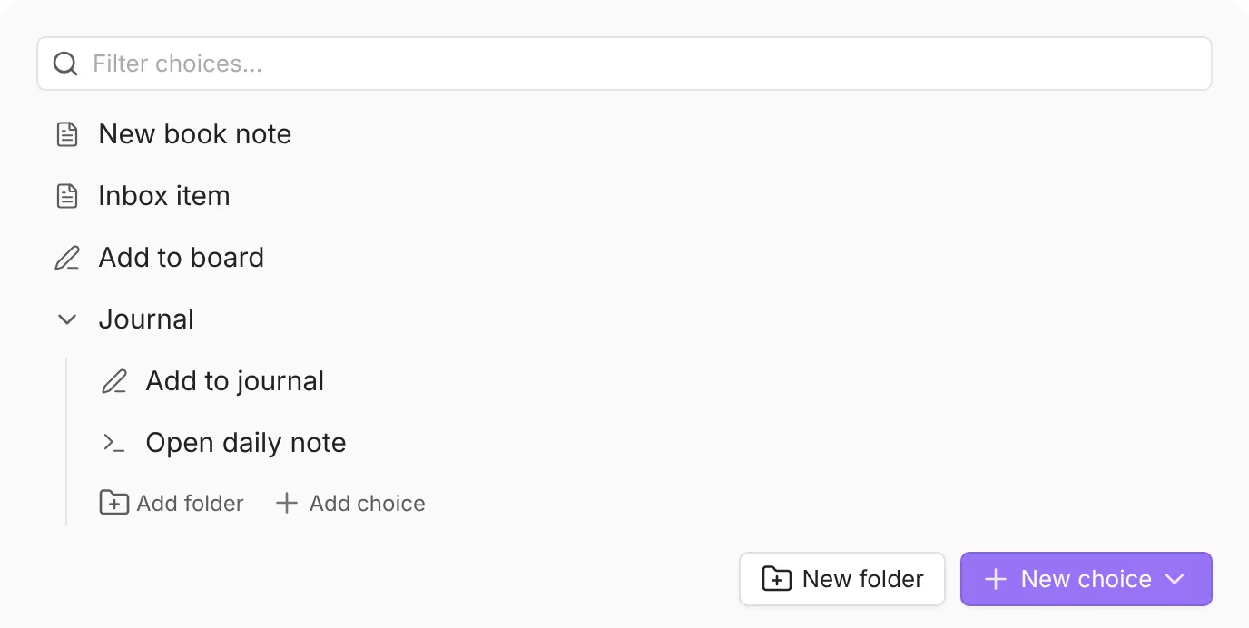 The QuickAdd choice list with a Journal folder unfolded, showing two choices nested inside it