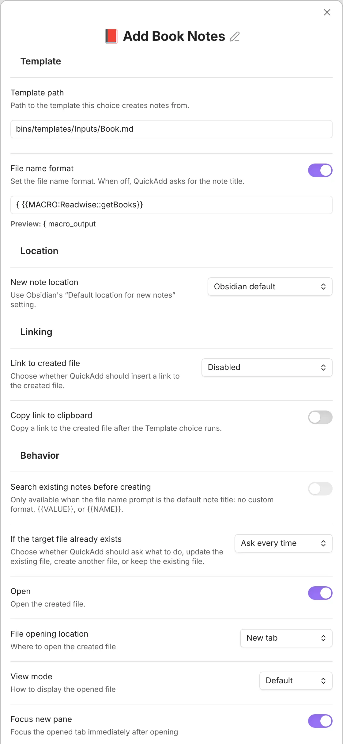 A Template choice named Add Book Notes, with the file name format set to a Readwise macro call and Open set to a new tab