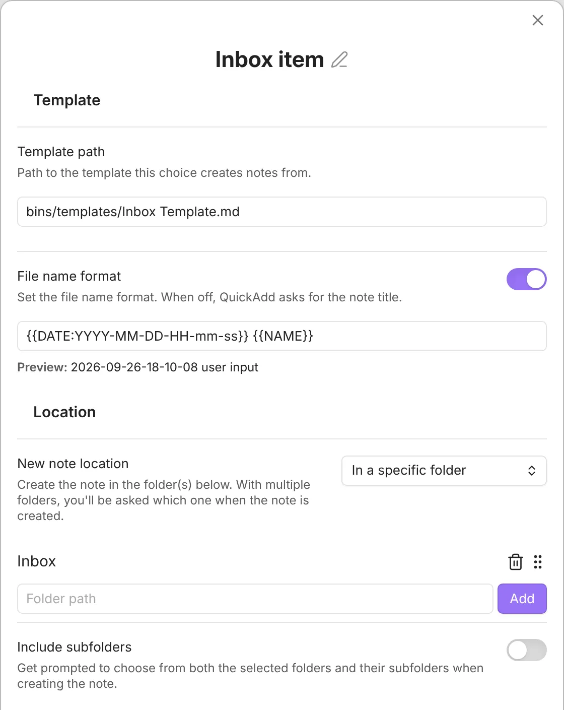 The Inbox item Template choice, with the template path, file name format, and Inbox folder set