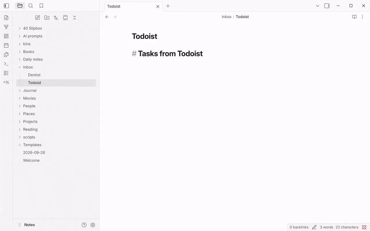 Running the Import Todoist tasks choice: picking the QuickAdd Demo project appends its three tasks to the note as checklist items